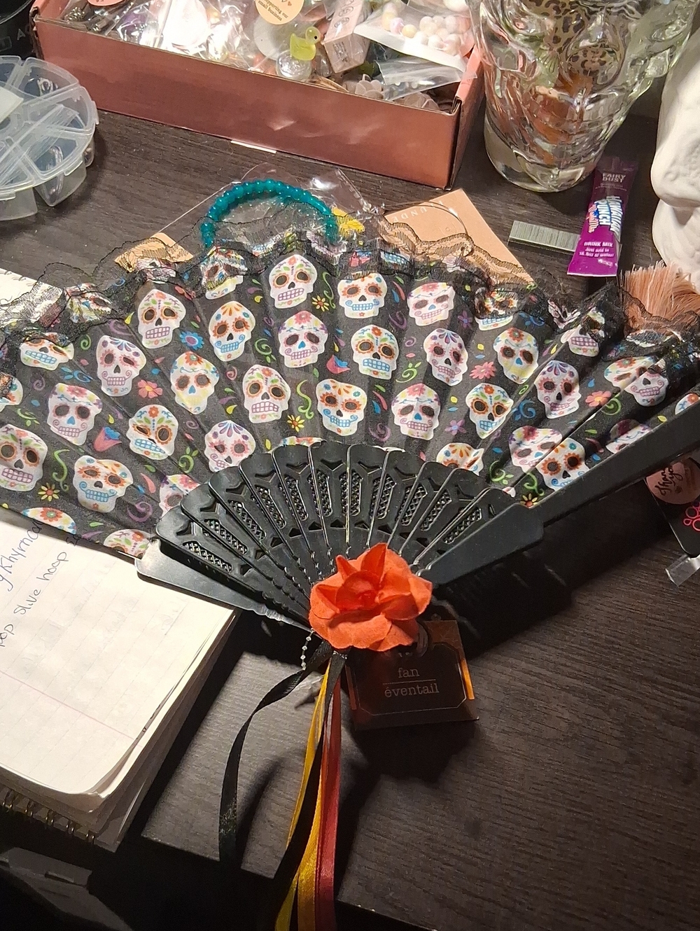 Source Unknown Black Sugar Skull Folding Fan with Orange Flower